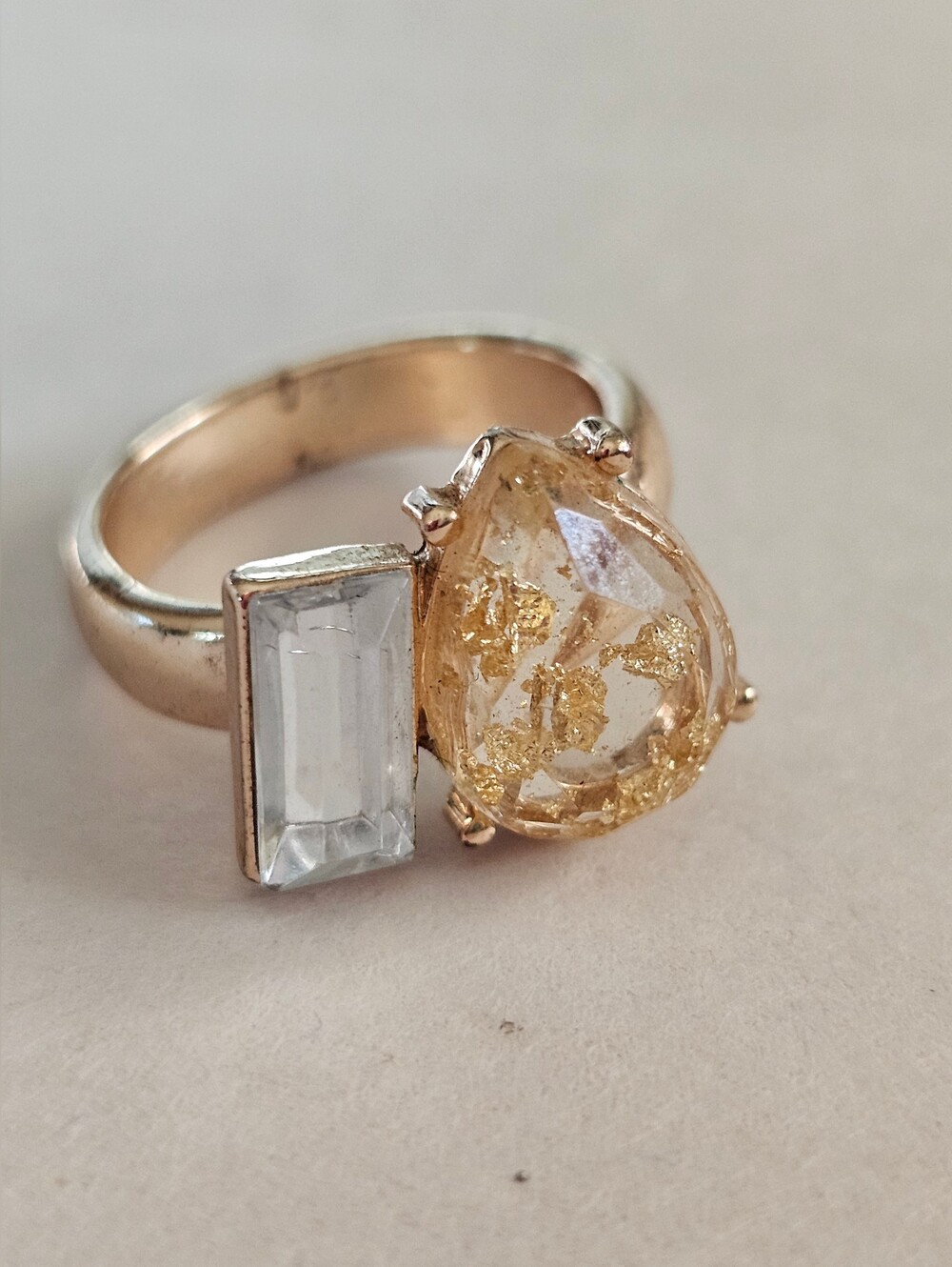 Gold and Clear Teardrop Cocktail Ring - Women Jewelry